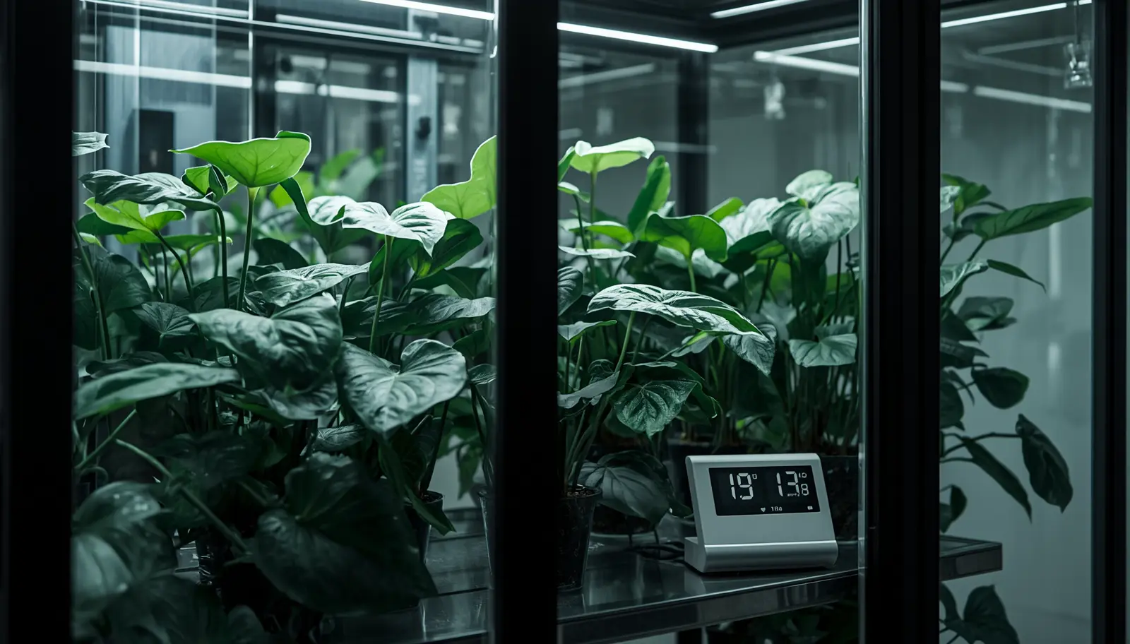 IKEA greenhouse cabinet with smart environmental controller showing VPD readings and automated humidifier system for Anthurium crystallinum cultivation