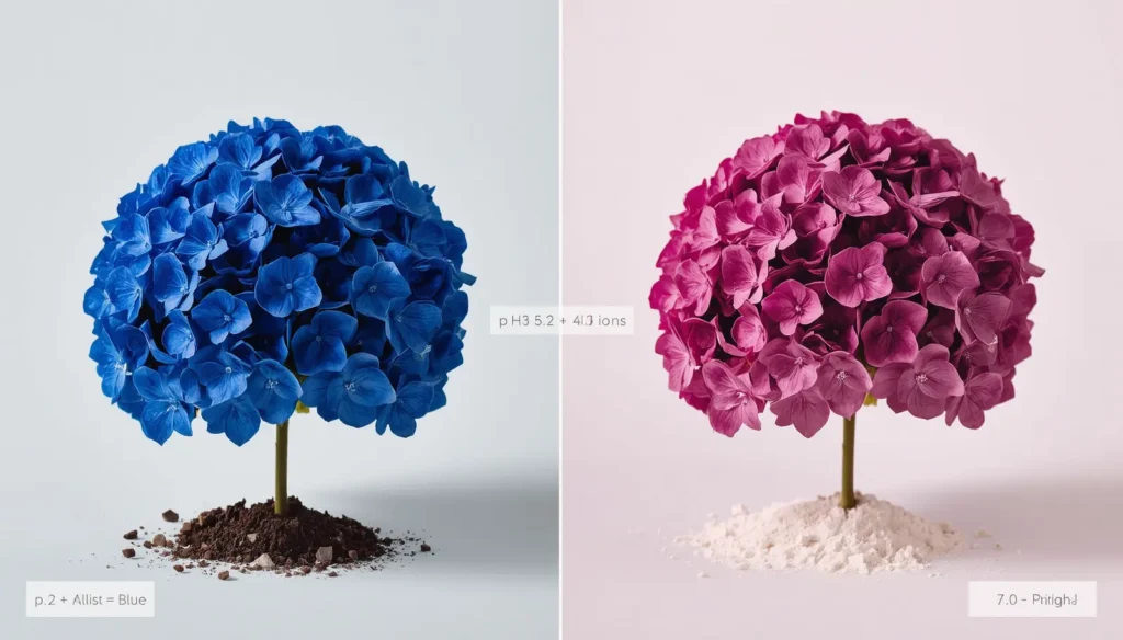 Hydrangea macrophylla mophead showing deep blue flowers on acidic aluminum-available soil alongside pink flowers on alkaline soil demonstrating aluminum ion anthocyanin pigmentation chemistry