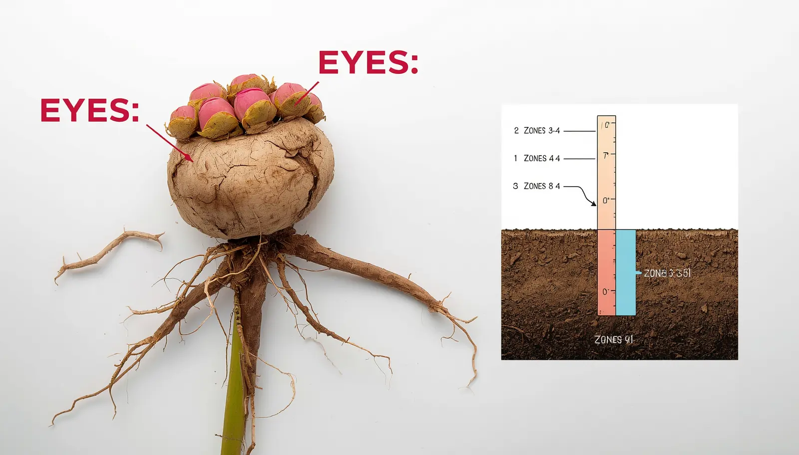 Herbaceous peony care, Paeonia, in full bloom showing correctly planted crown at 1-inch depth with visible root structure and marshmallow-stage bud ready for cutting