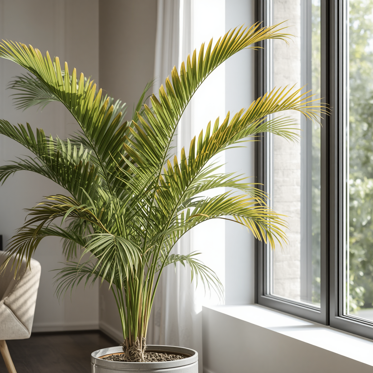 Areca palm care: a healthy indoor areca palm (Dypsis lutescens) with arching green fronds in bright indirect light