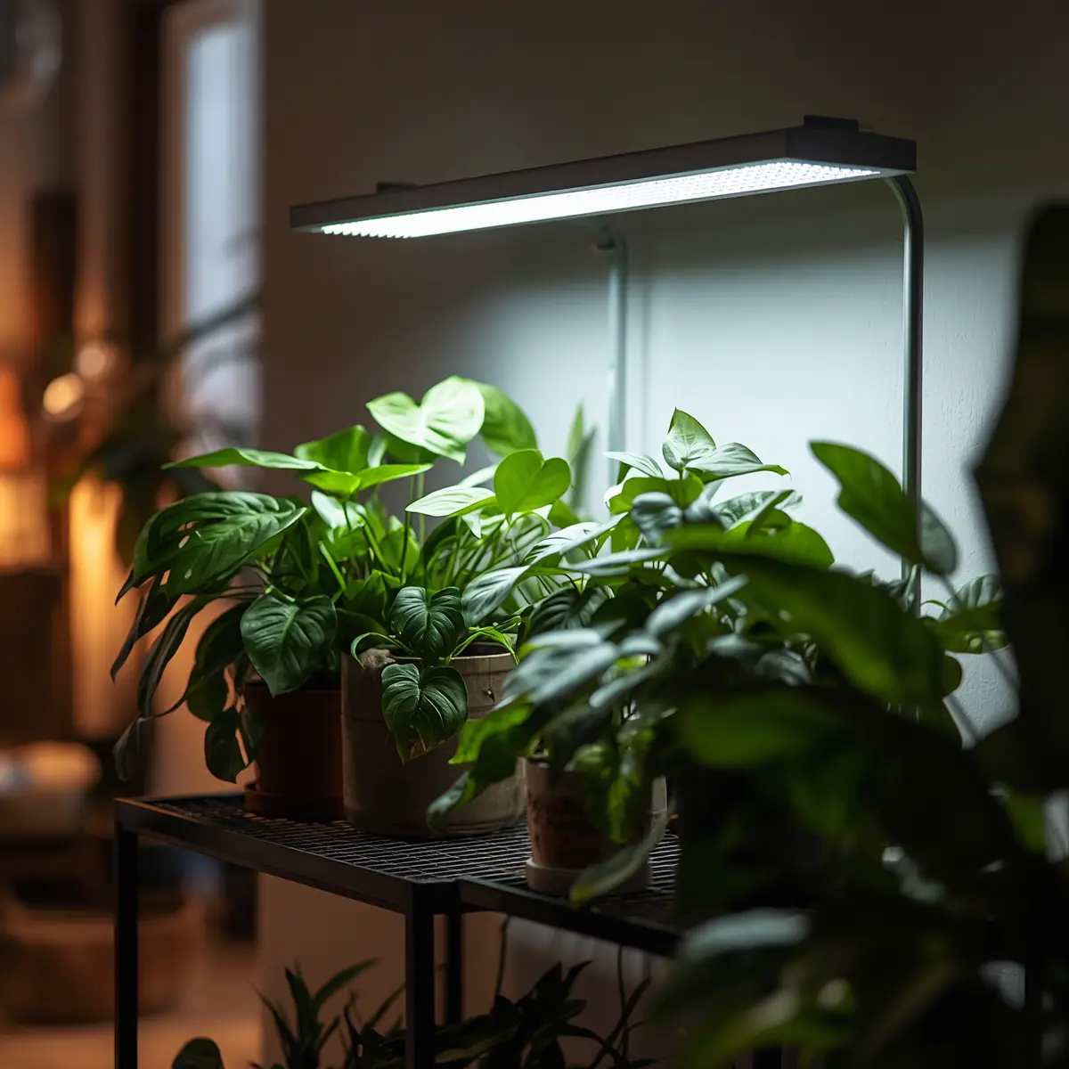 Best grow lights for indoor plants: full-spectrum LED bar lighting a shelf of healthy houseplants in a low-light room