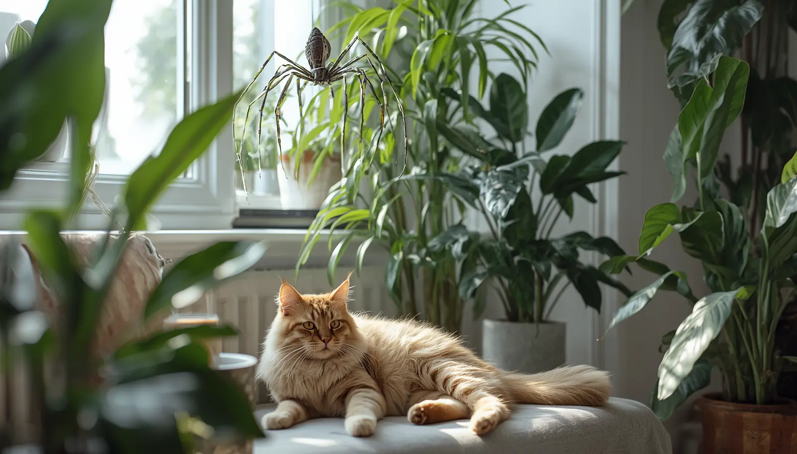 A curious domestic cat sniffing a collection of certified cat safe plants, including a vibrant prayer plant and a cascading spider plant potted on a bright windowsill.