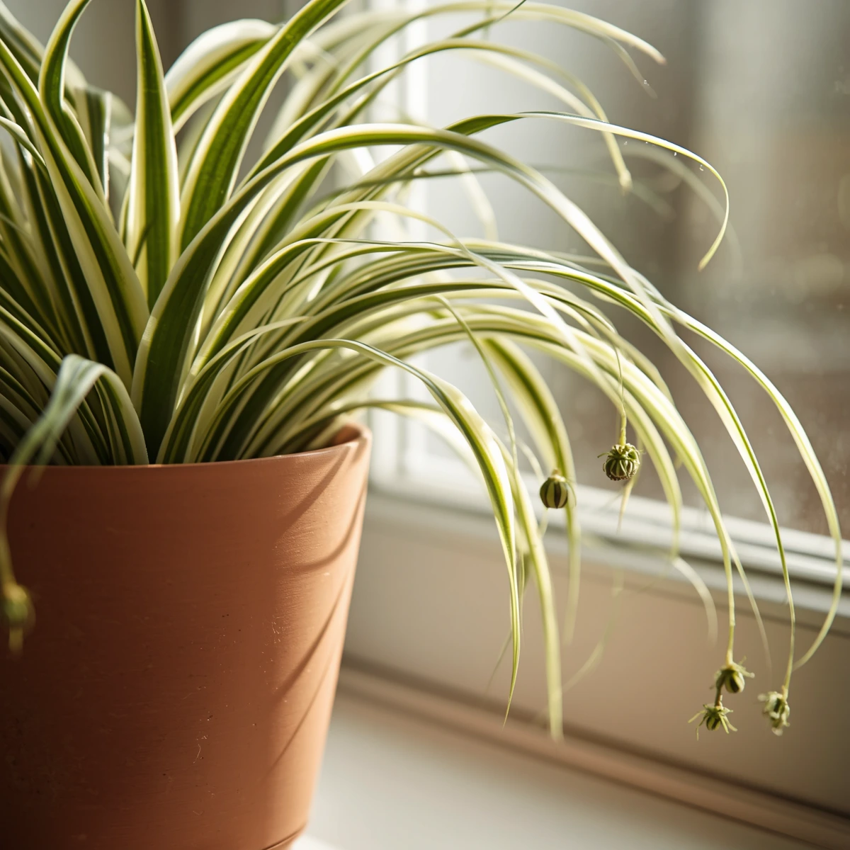 Chlorophytum spider plant care: healthy variegated spider plant with dangling baby spiderettes on a bright windowsill