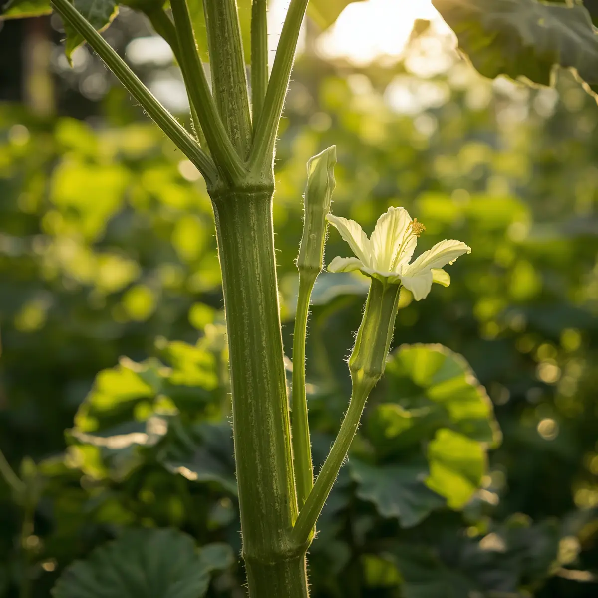 growing okra in a sunny garden with green pods and yellow flowers