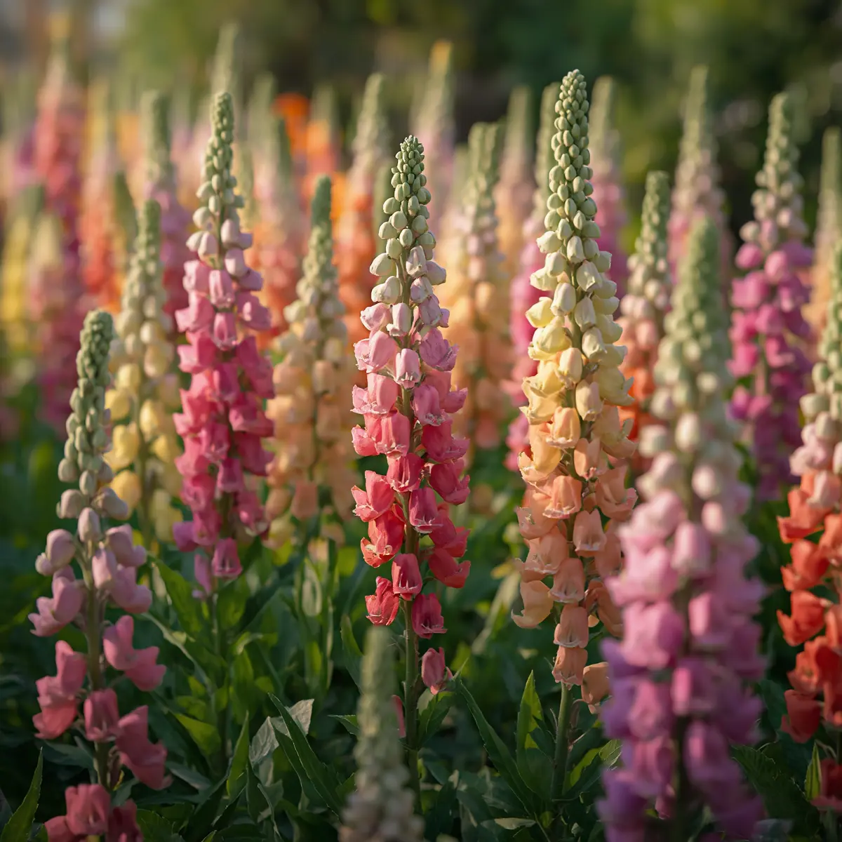 Growing snapdragons: colorful Antirrhinum majus flower spikes in full bloom