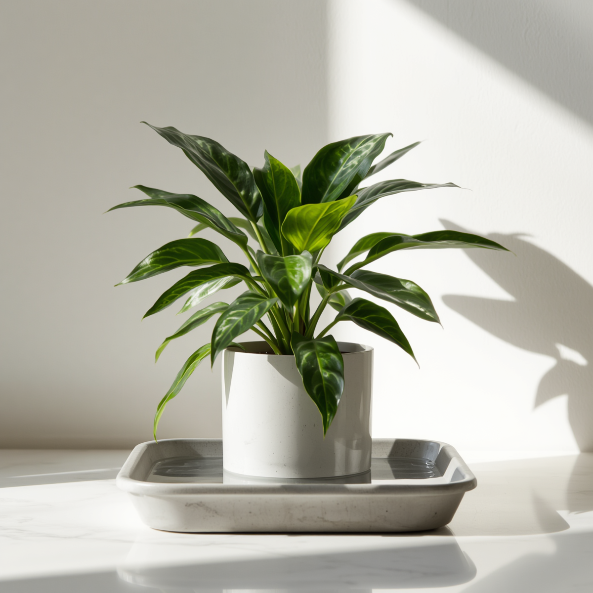 How to bottom water plants without overwatering: a potted houseplant absorbing water from a shallow tray through its drainage holes