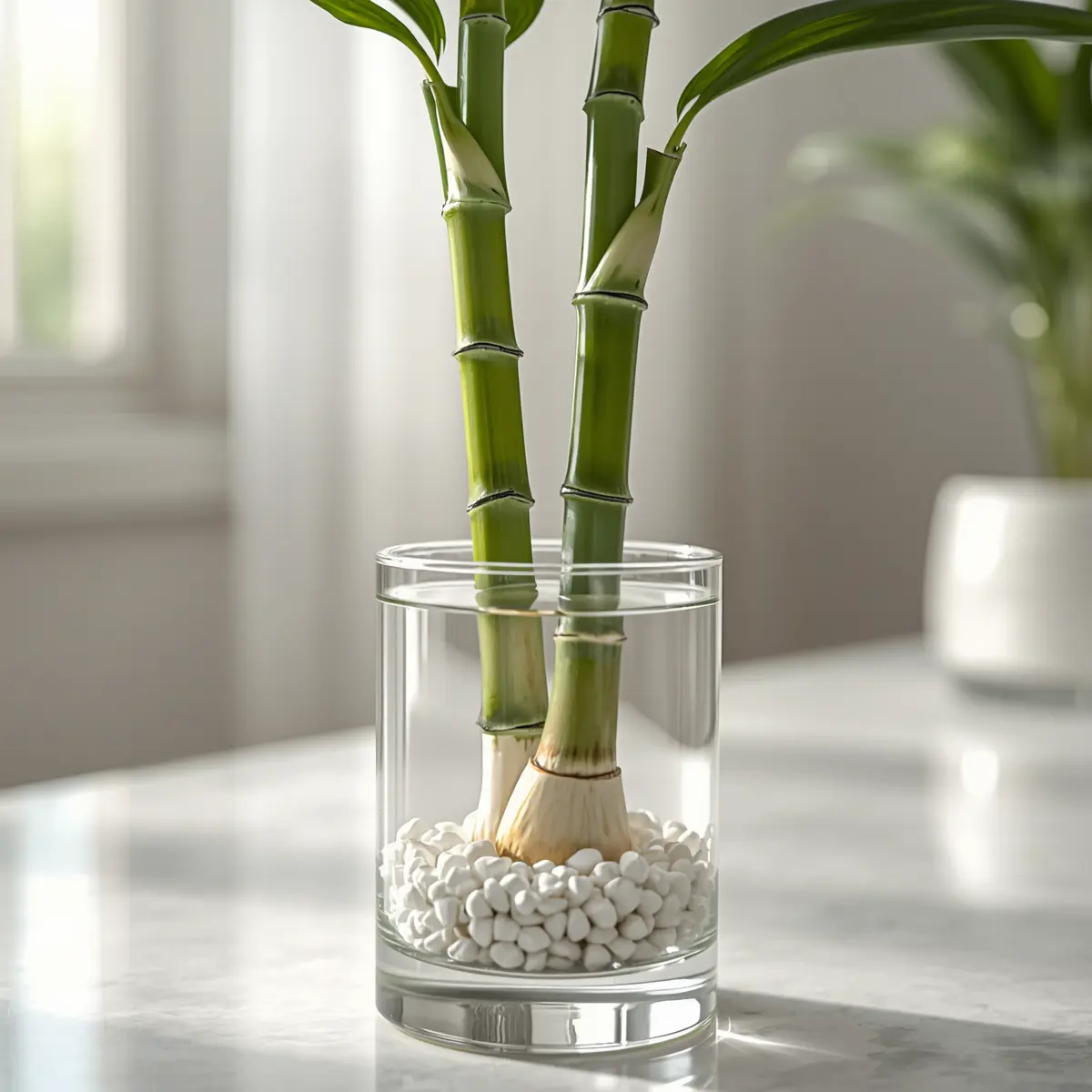 Comprehensive diagnostic guide on how to care for lucky bamboo, showing a healthy Dracaena sanderiana arrangement in a clean hydroponic glass vase with optimal water levels.