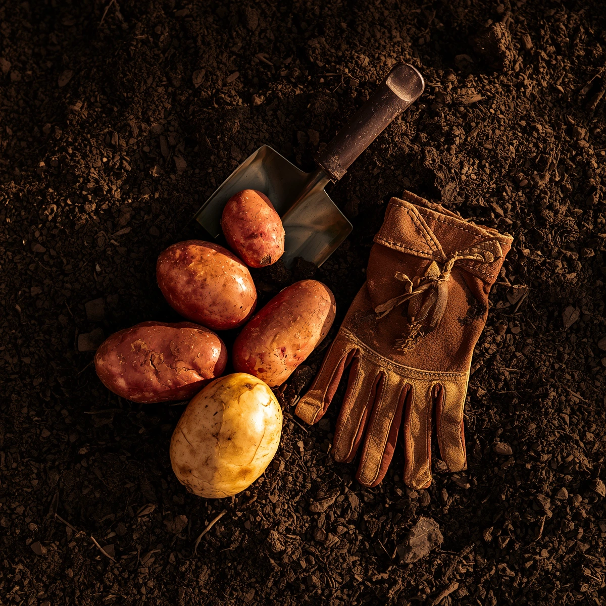 How to Grow Potatoes Freshly harvested golden and red potatoes resting on dark garden soil next to a hand trowel, demonstrating a successful home potato yield.