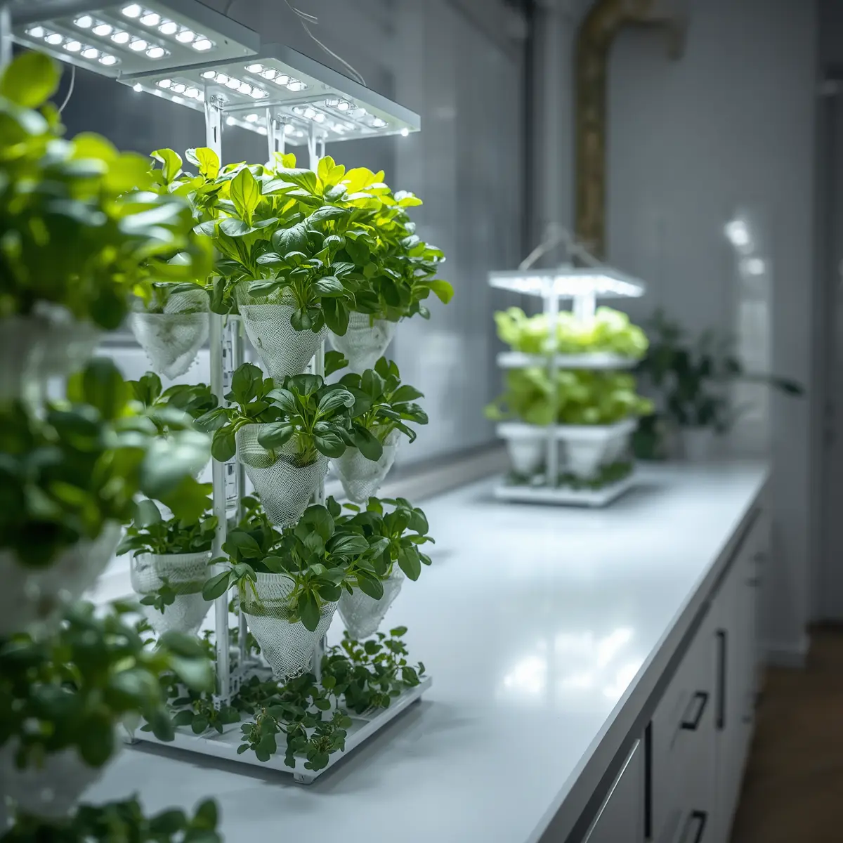 Hydroponic systems growing fresh herbs and lettuce indoors under full-spectrum LED lights