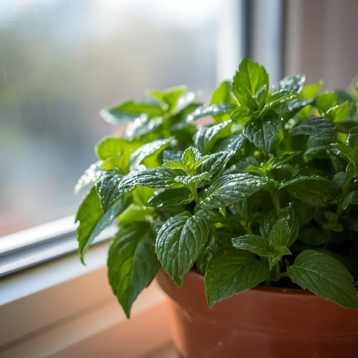 Mint plant care: healthy potted mint with lush green leaves growing in a container on a sunny windowsill