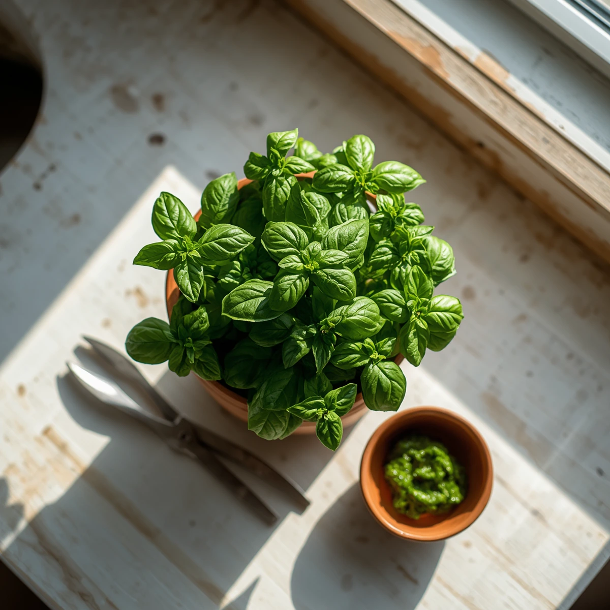 A healthy, vibrant green sweet grow basil plant in a terracotta pot next to pruning shears, demonstrating proper indoor herb care.