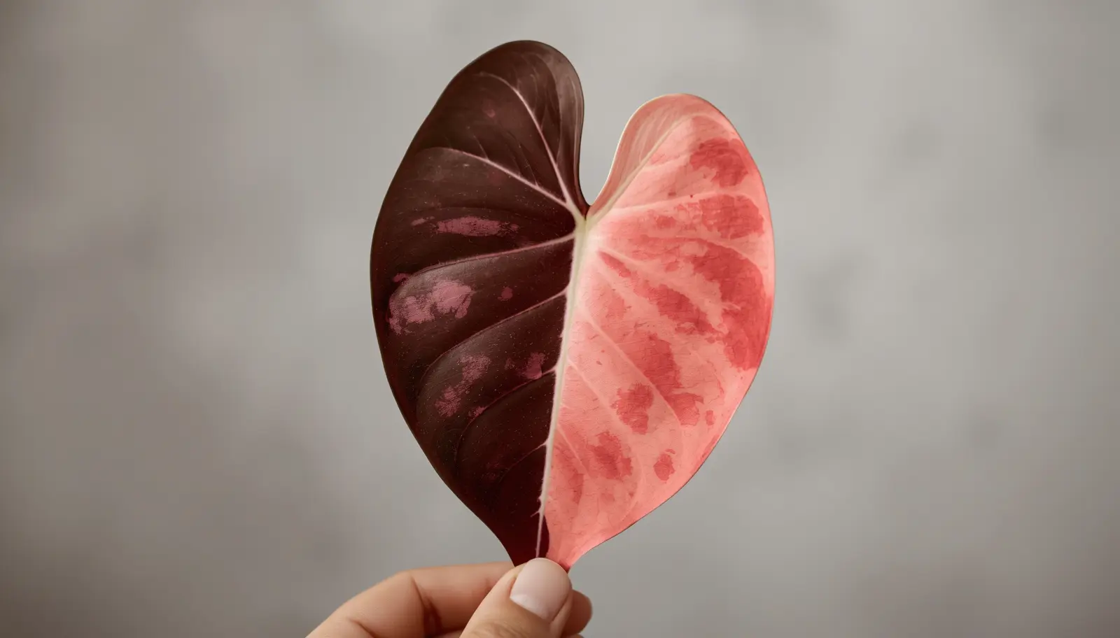 A healthy Pink Princess Philodendron care (Philodendron erubescens) potted in a chunky, well-draining aroid mix, displaying vibrant pink chimerical leaf variegation and distinct pink striping along its main stem.