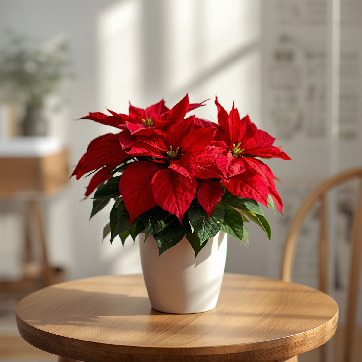 Poinsettia care: a healthy red poinsettia (Euphorbia pulcherrima) with bright red bracts in indirect light