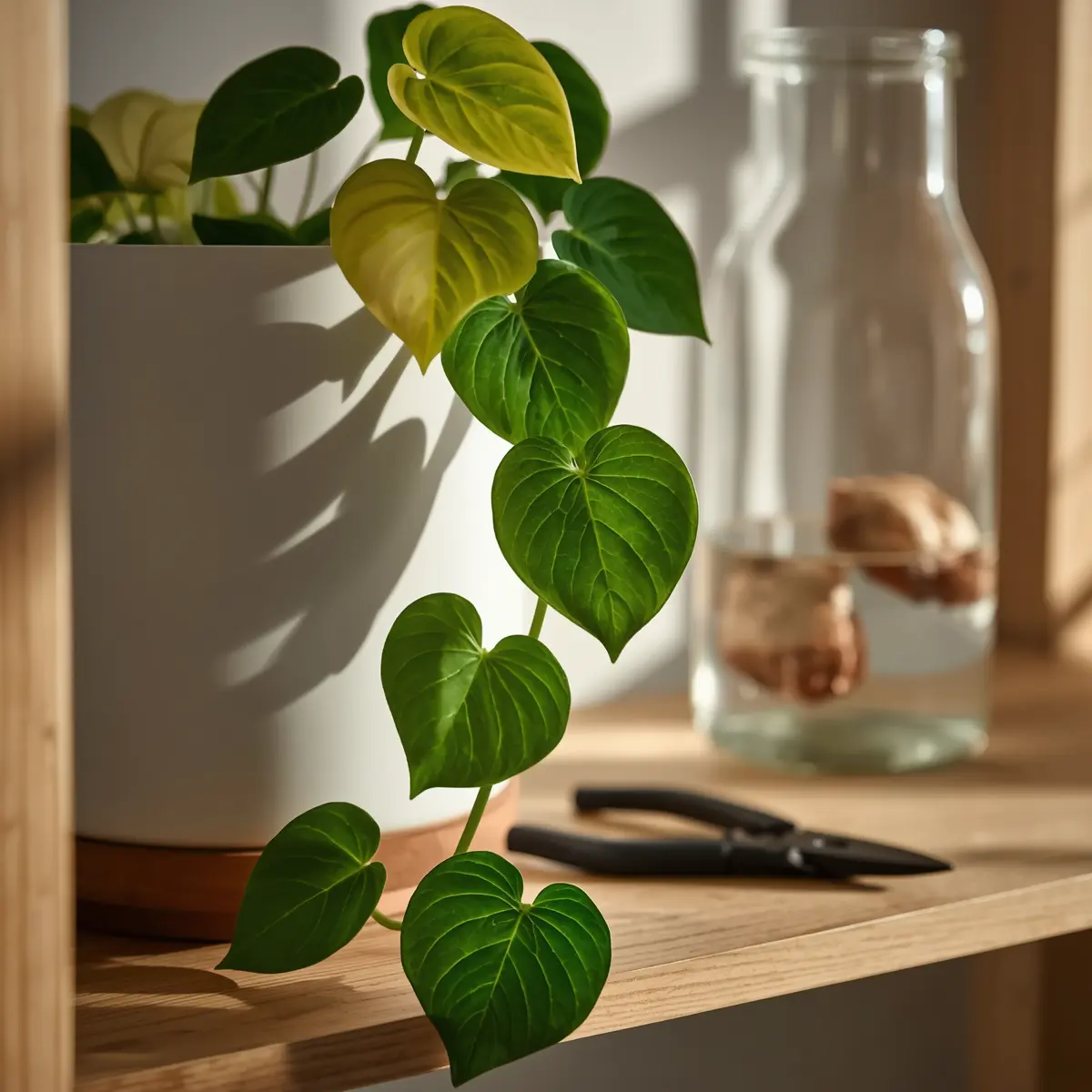 How to prune a pothos plant — bushy golden pothos with pruned vines and fresh cuttings