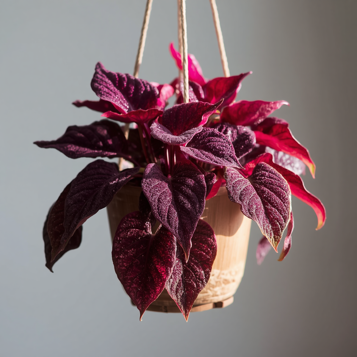 Purple passion plant care: a Gynura aurantiaca with velvety purple-haired leaves in a hanging basket in bright indirect light