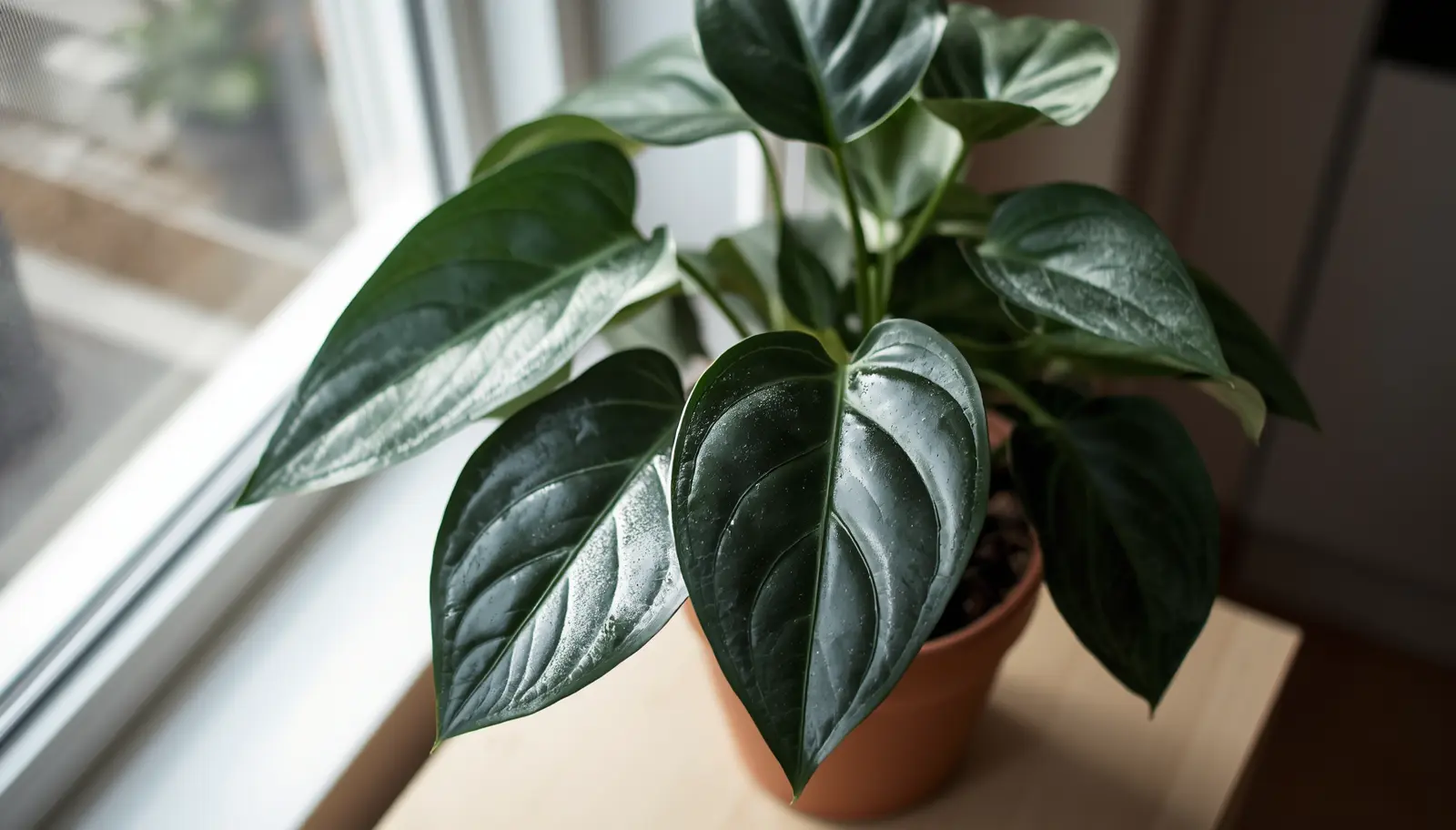 Alocasia polly care: compact African mask plant with dark green arrowhead leaves and silver veins in bright indirect light