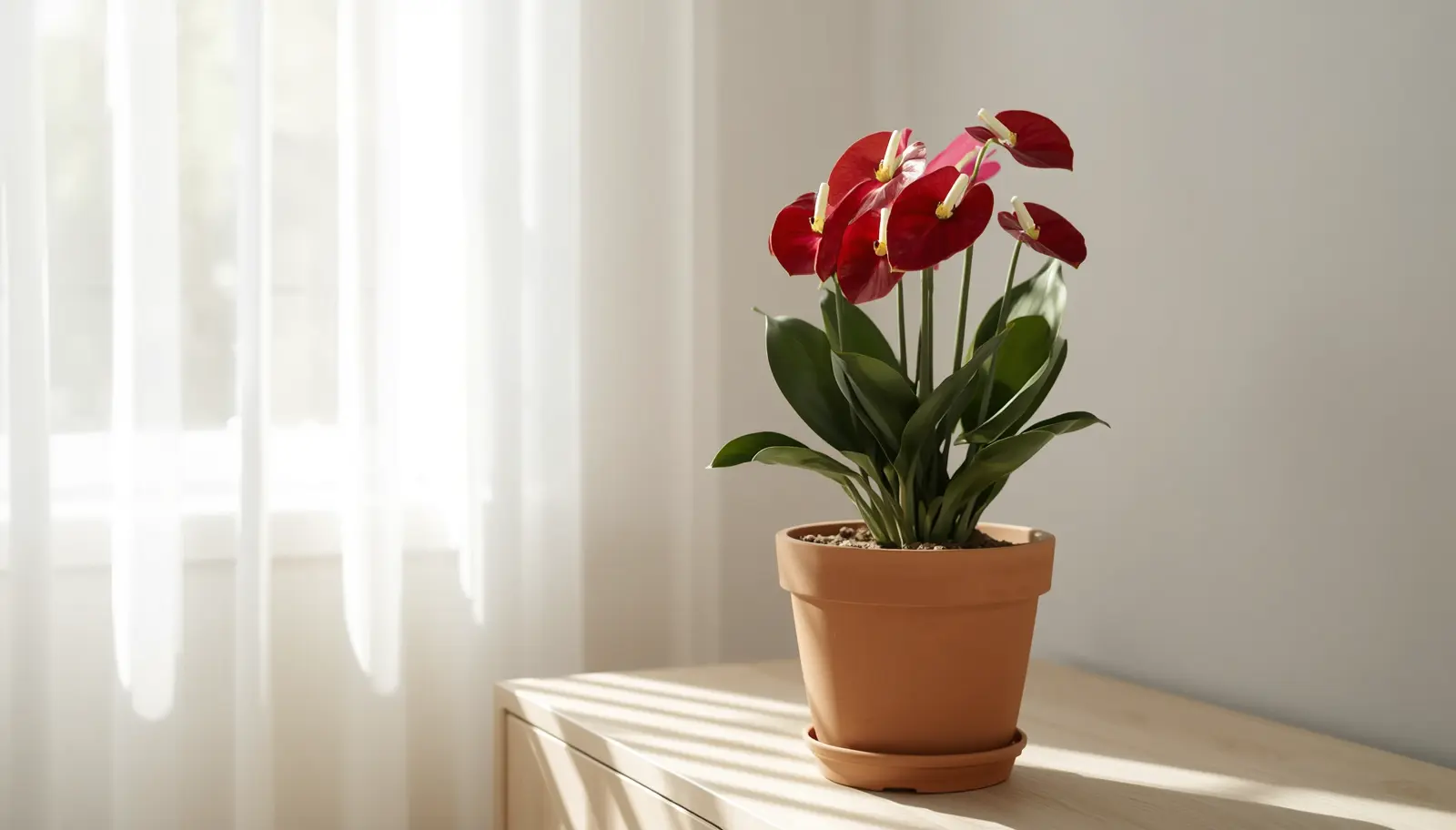 Anthurium care: healthy flamingo flower with glossy red spathes and yellow spadixes in bright indirect light indoors