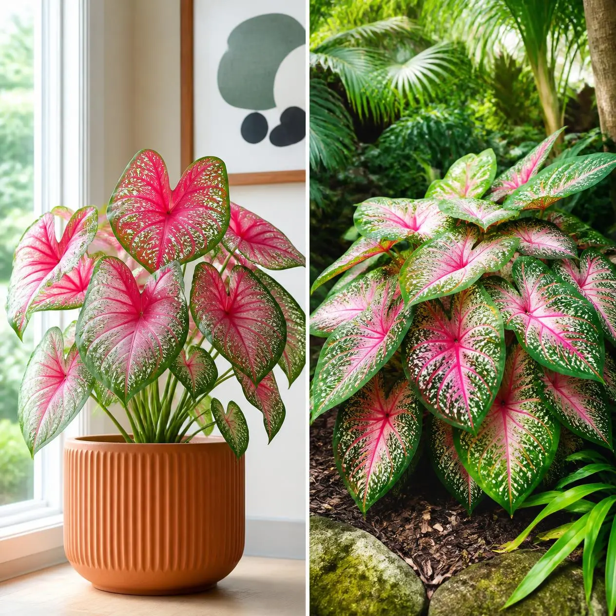 A lush Caladium care bicolor plant with vibrant pink and green leaves displayed indoors in a modern terracotta pot.