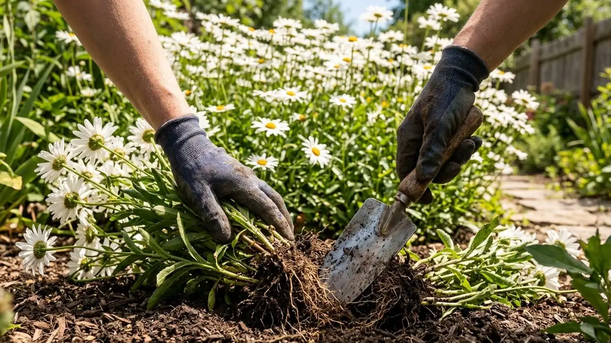 Gloved hands dividing a clump of Shasta daisies with a trowel in a sunny garden bed