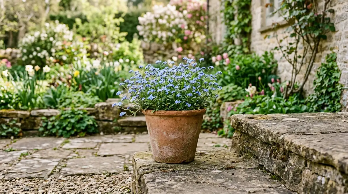 Blue forget-me-nots growing in a terracotta pot on a stone patio step in spring