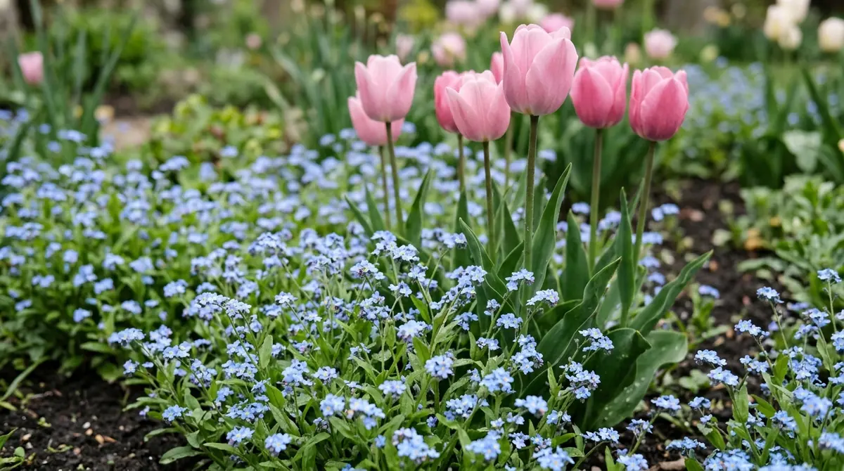 Blue forget-me-nots with tiny yellow-eyed flowers carpeting the ground under pink tulips in a spring border