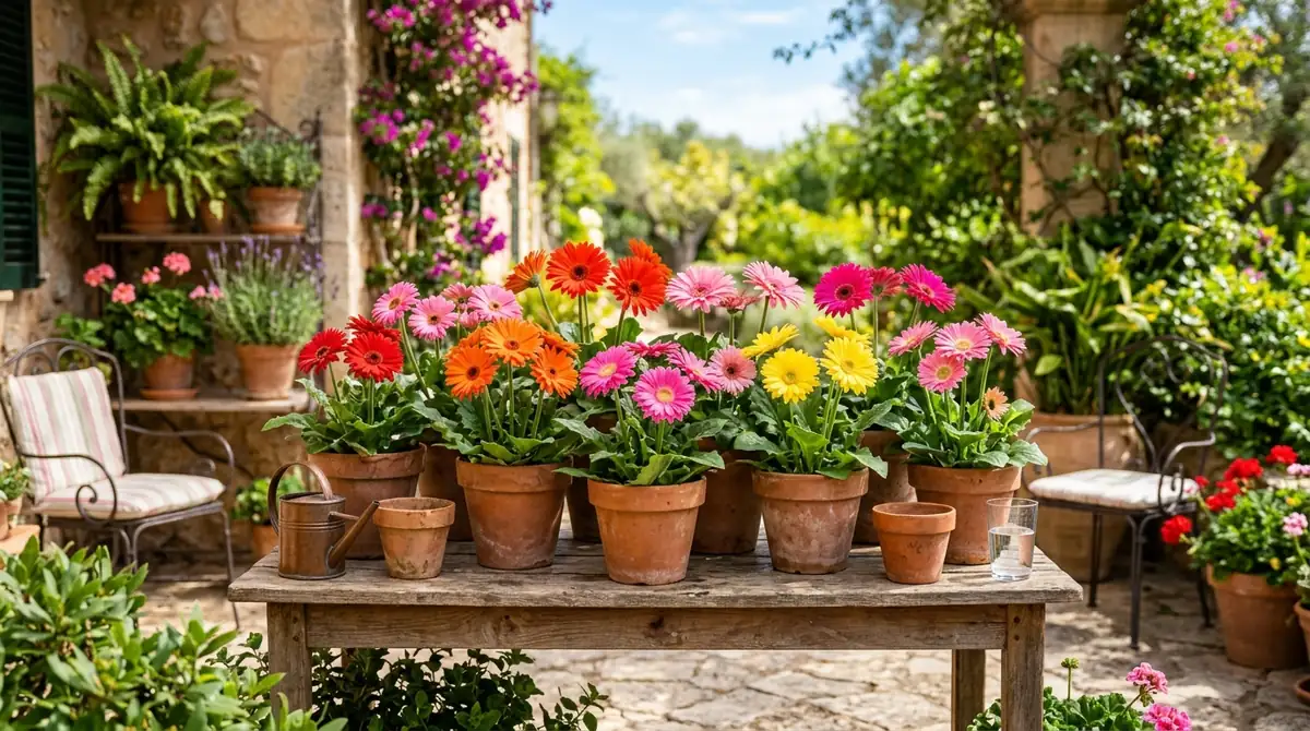Red, orange, pink and yellow gerbera daisies in terracotta pots on a sunny patio table