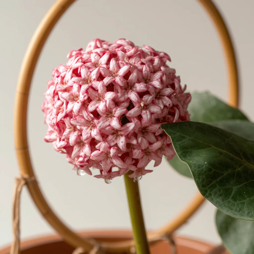 How to care and grow Hoya — close-up of a mature Hoya carnosa vine with waxy dark green leaves and a cluster of pink star-shaped flowers emerging from a perennial peduncle, mounted on a vertical bamboo trellis in a terracotta pot