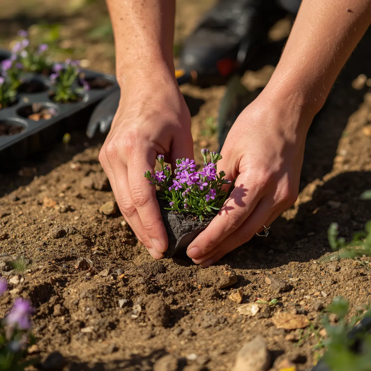 How to grow creeping thyme — healthy Thymus serpyllum plant with pink flowers being planted in gritty, well-drained soil in full sun