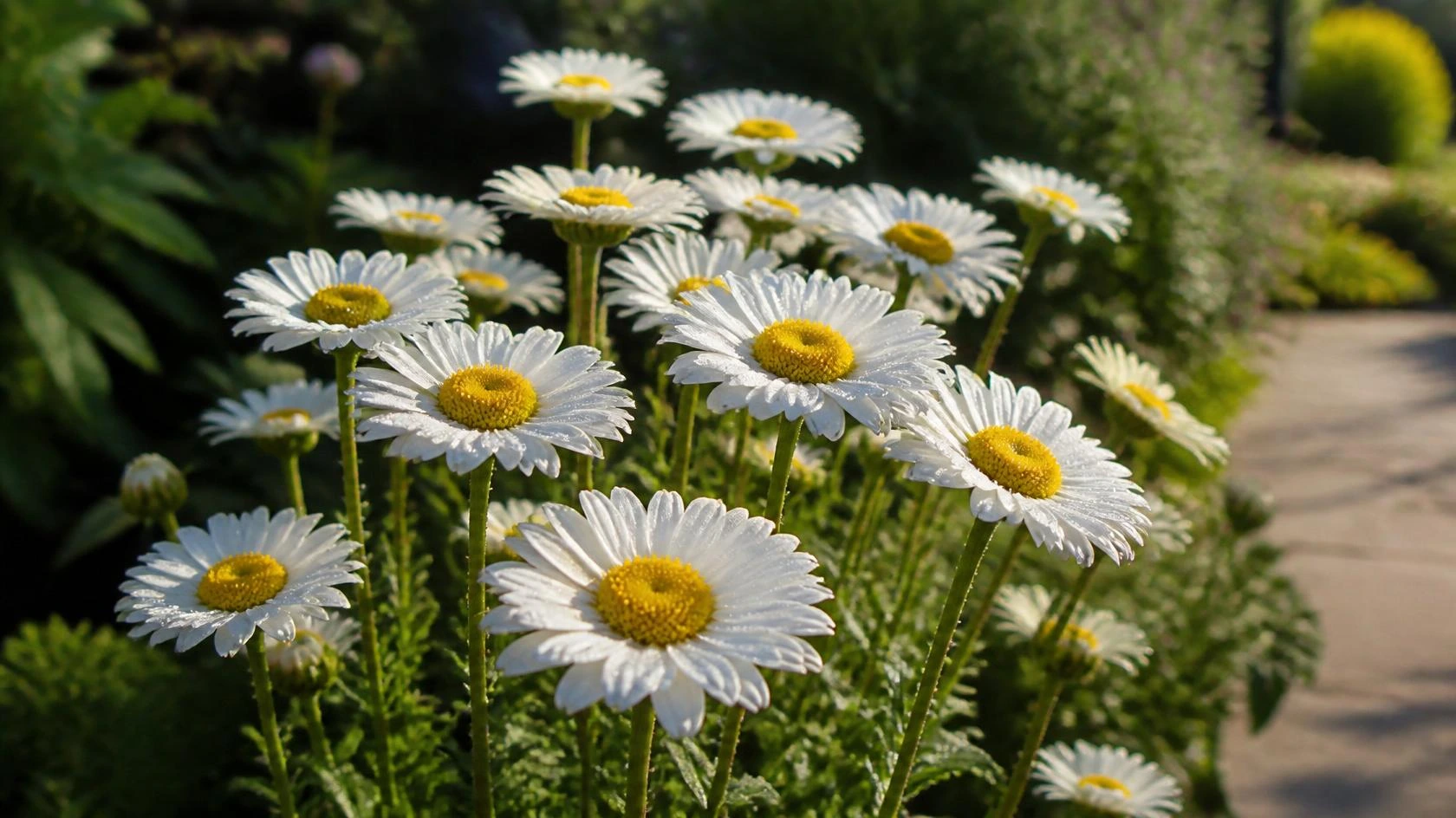 How to grow daisies — white Shasta daisies in full bloom in a sunny garden border with green foliage