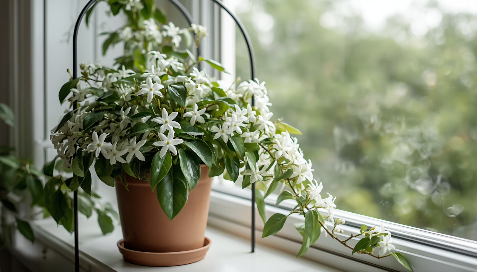 How to grow jasmine indoors: a potted jasmine vine with fragrant white flowers climbing a trellis on a bright windowsill