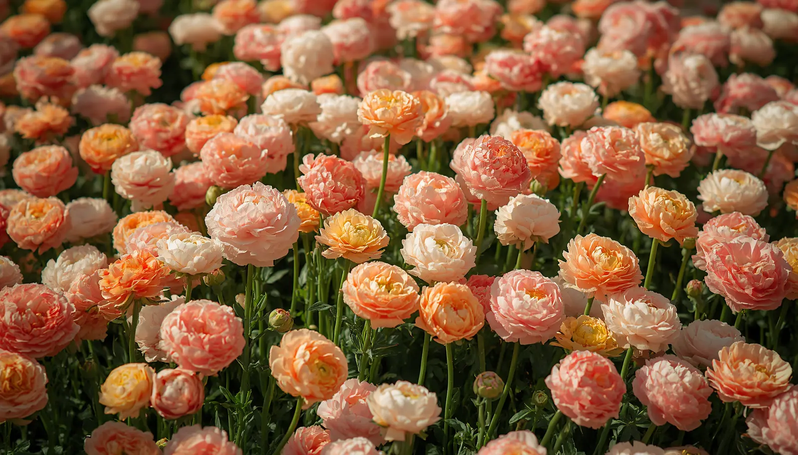 How to grow ranunculus: layered pink, coral, and white Persian buttercup blooms in a spring garden bed