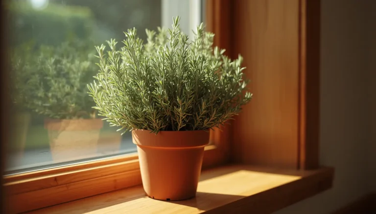 Rosemary in a terracotta pot on a sunny kitchen windowsill