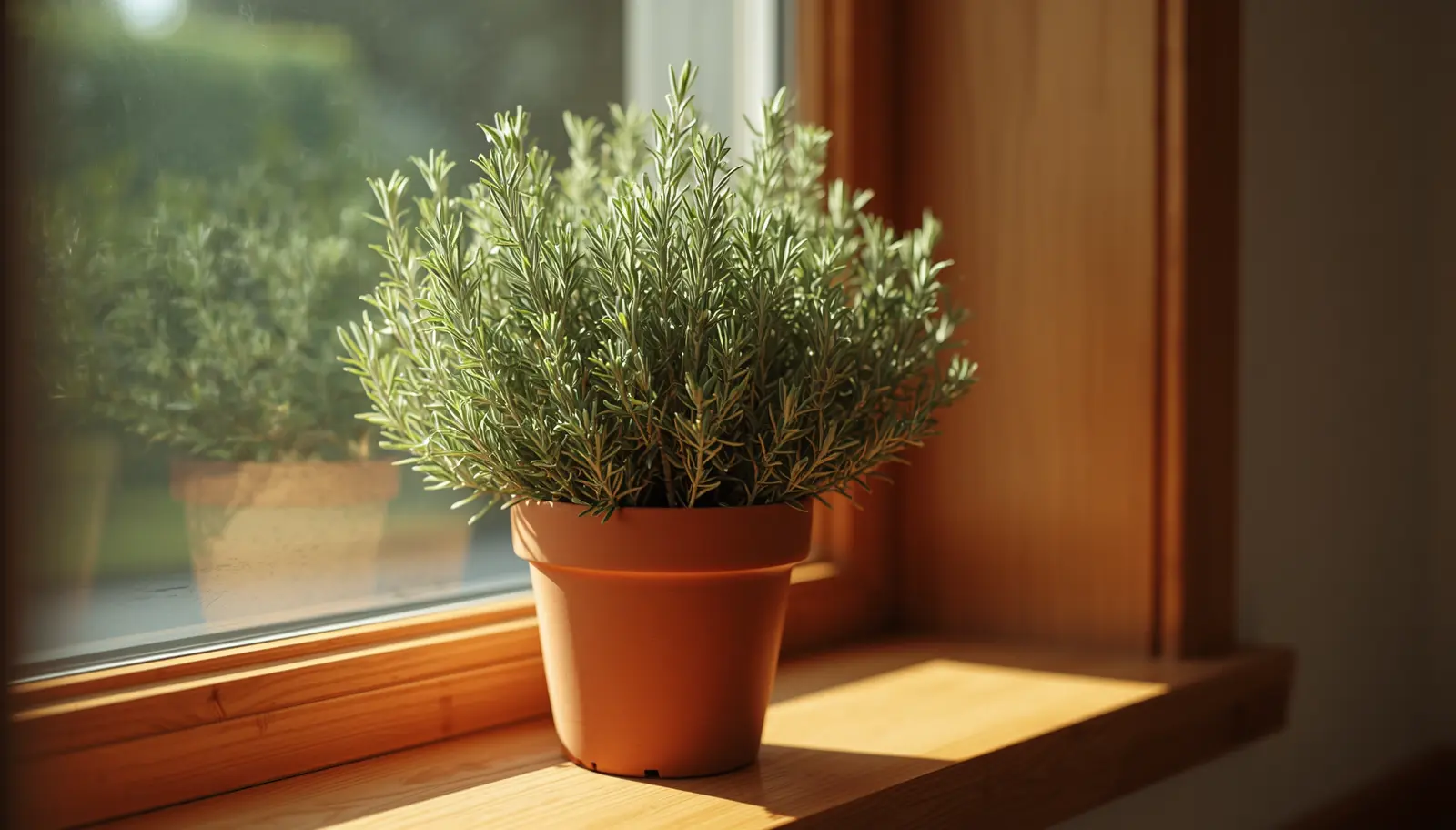How to grow rosemary indoors: a potted rosemary plant thriving in a terracotta pot on a sunny windowsill