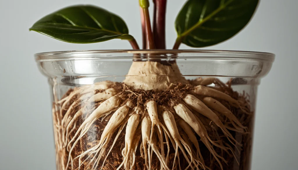 Hoya propagation in tree fern fiber — rooted Hoya cutting with visible white aerial roots emerging from a fibrous growing medium in a clear net pot