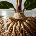 Hoya propagation in tree fern fiber — rooted Hoya cutting with visible white aerial roots emerging from a fibrous growing medium in a clear net pot