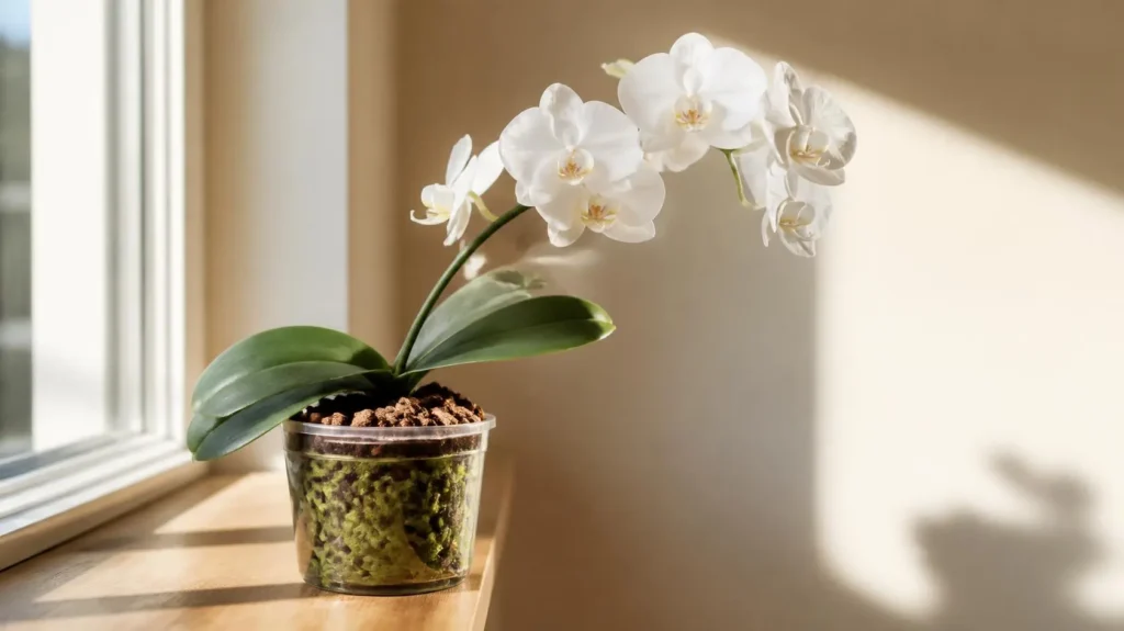 Orchid care for beginners — healthy white Phalaenopsis orchid in a clear plastic pot on an east-facing windowsill with bright indirect light