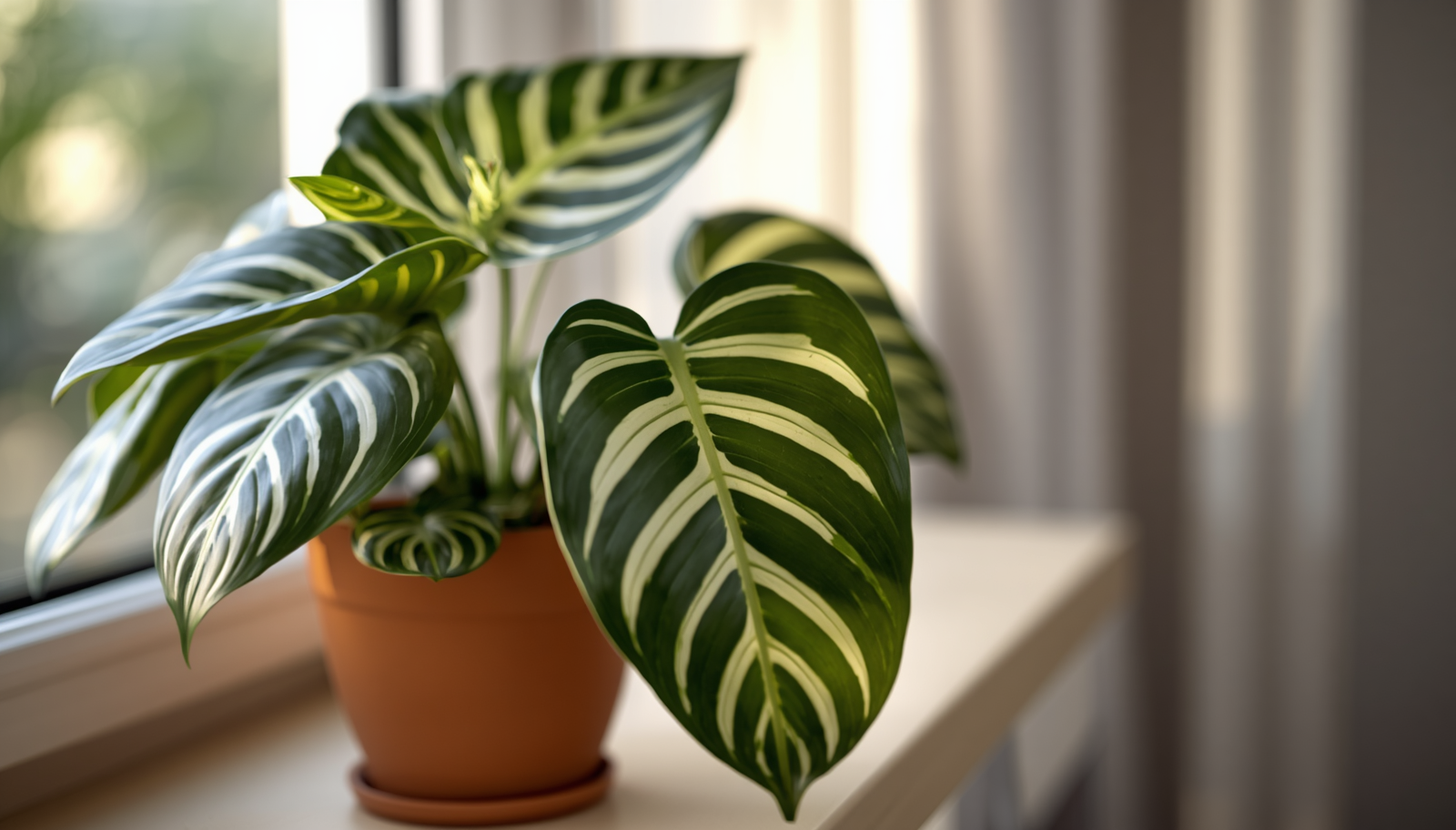 Philodendron Birkin care — healthy specimen with bold white pinstripe variegation on dark green leaves in bright indirect light from an east-facing window