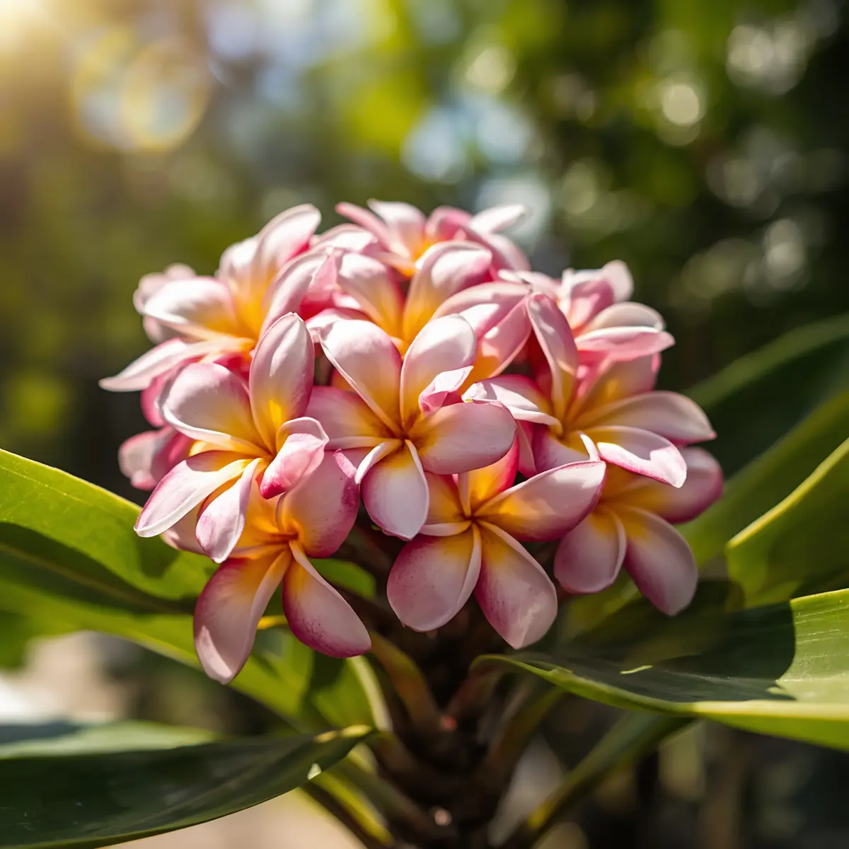 Plumeria care — pink and yellow frangipani flowers blooming in a cluster on a plumeria tree in full sun