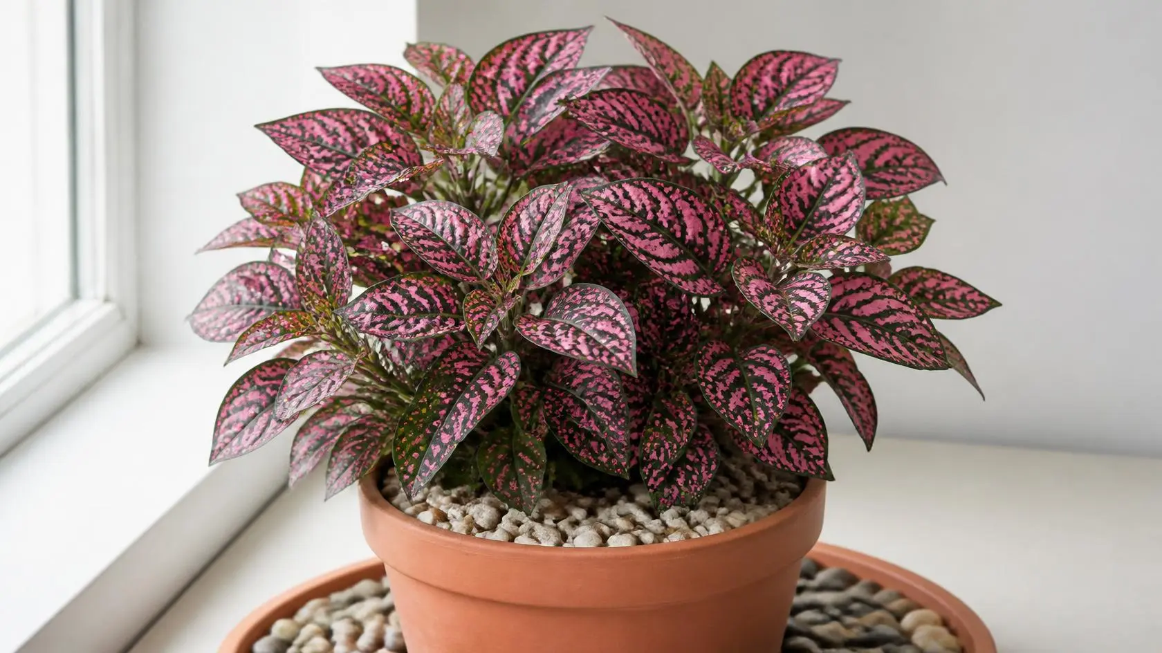 Polka dot plant care guide — vibrant pink Hypoestes phyllostachya in a terracotta pot with vivid spotted foliage