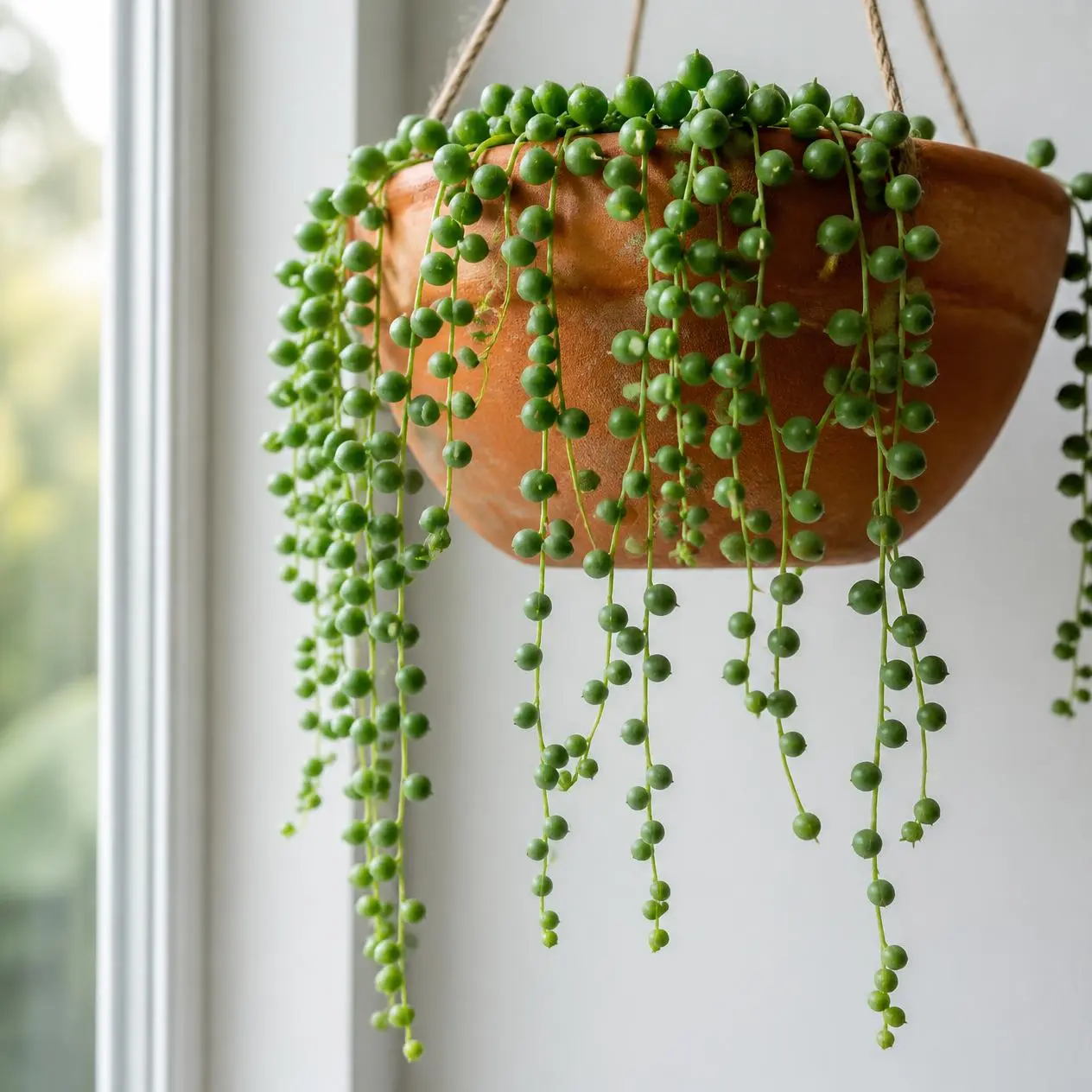 String of pearls care (Curio rowleyanus) trailing from a hanging terracotta basket in bright indirect light showing tightly-spaced plump green bead-like leaves