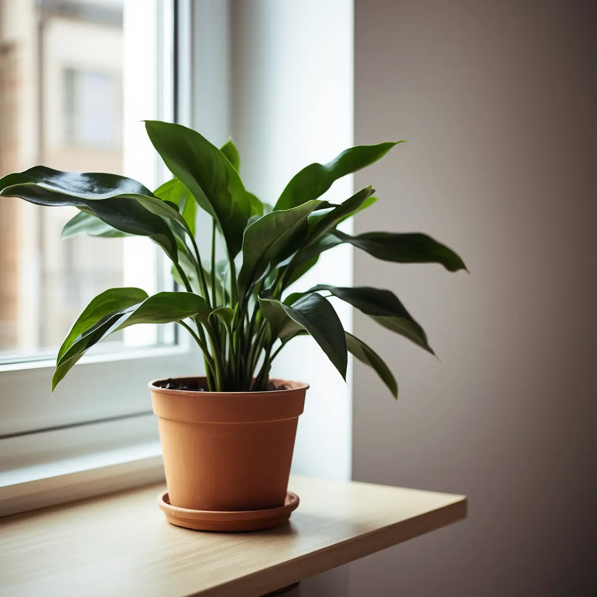 ZZ plant care: a glossy green Zamioculcas zamiifolia in a terracotta pot beside a bright window