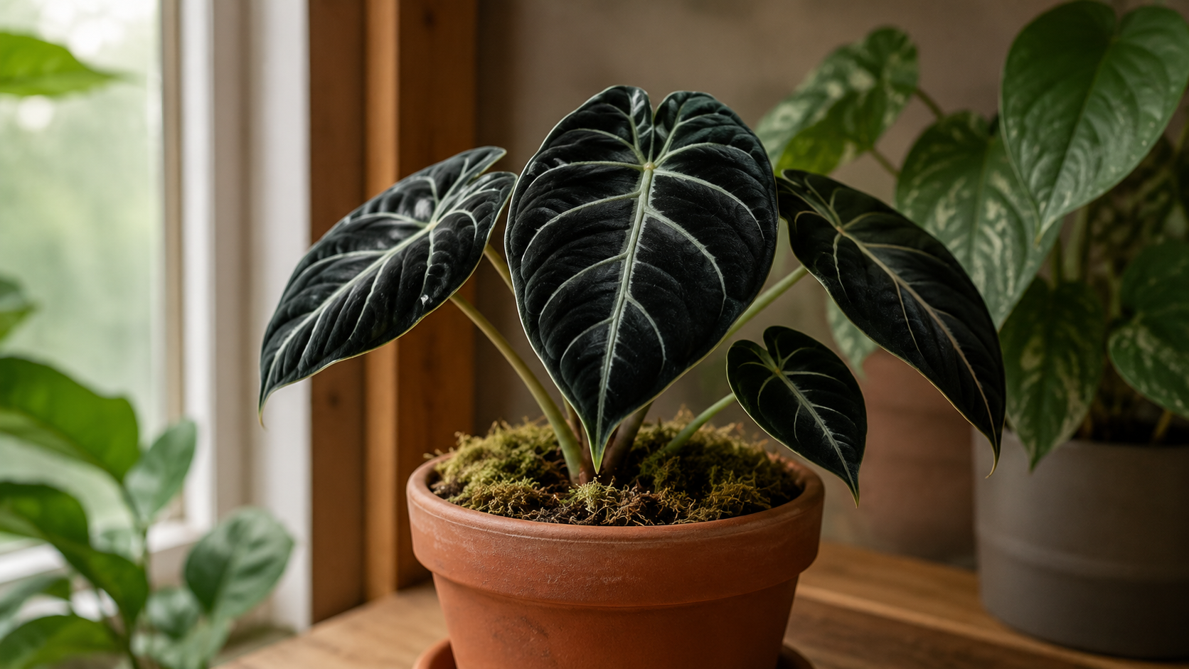 Alocasia Black Velvet care guide showing dark velvety leaves in bright indirect light