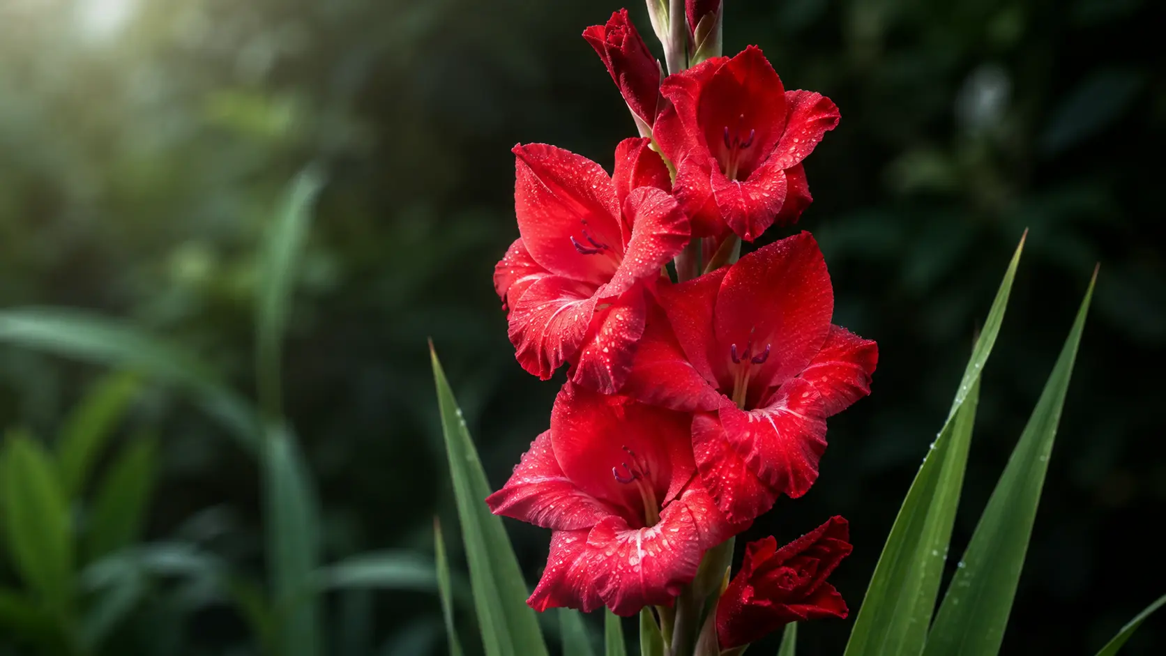 August birth flower gladiolus symbolizing strength and honor with vibrant red blooms