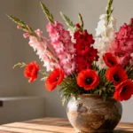 August birth flower meaning: vibrant gladiolus spikes and red poppy blooms in a garden arrangement
