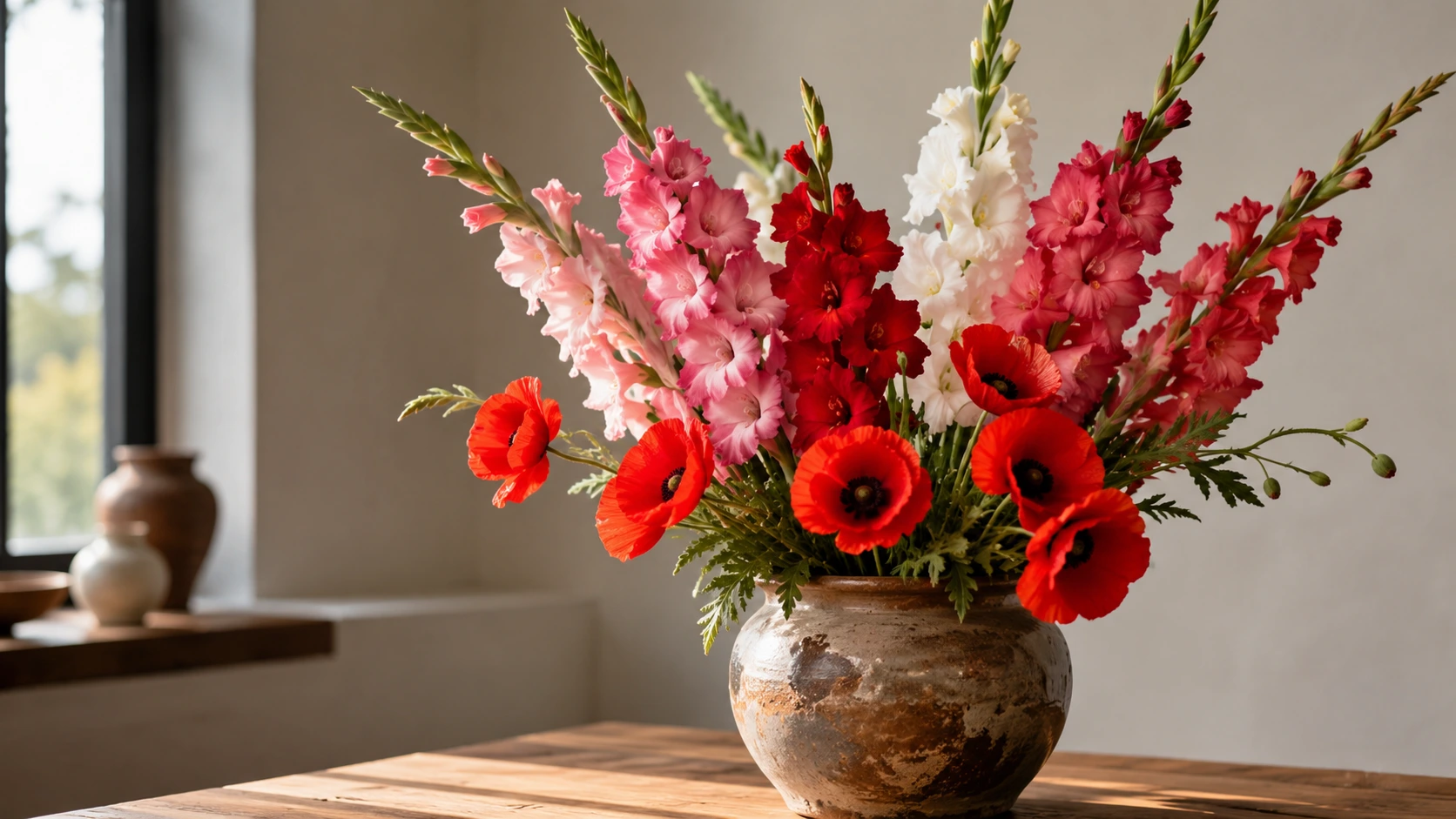 August birth flower meaning: vibrant gladiolus spikes and red poppy blooms in a garden arrangement