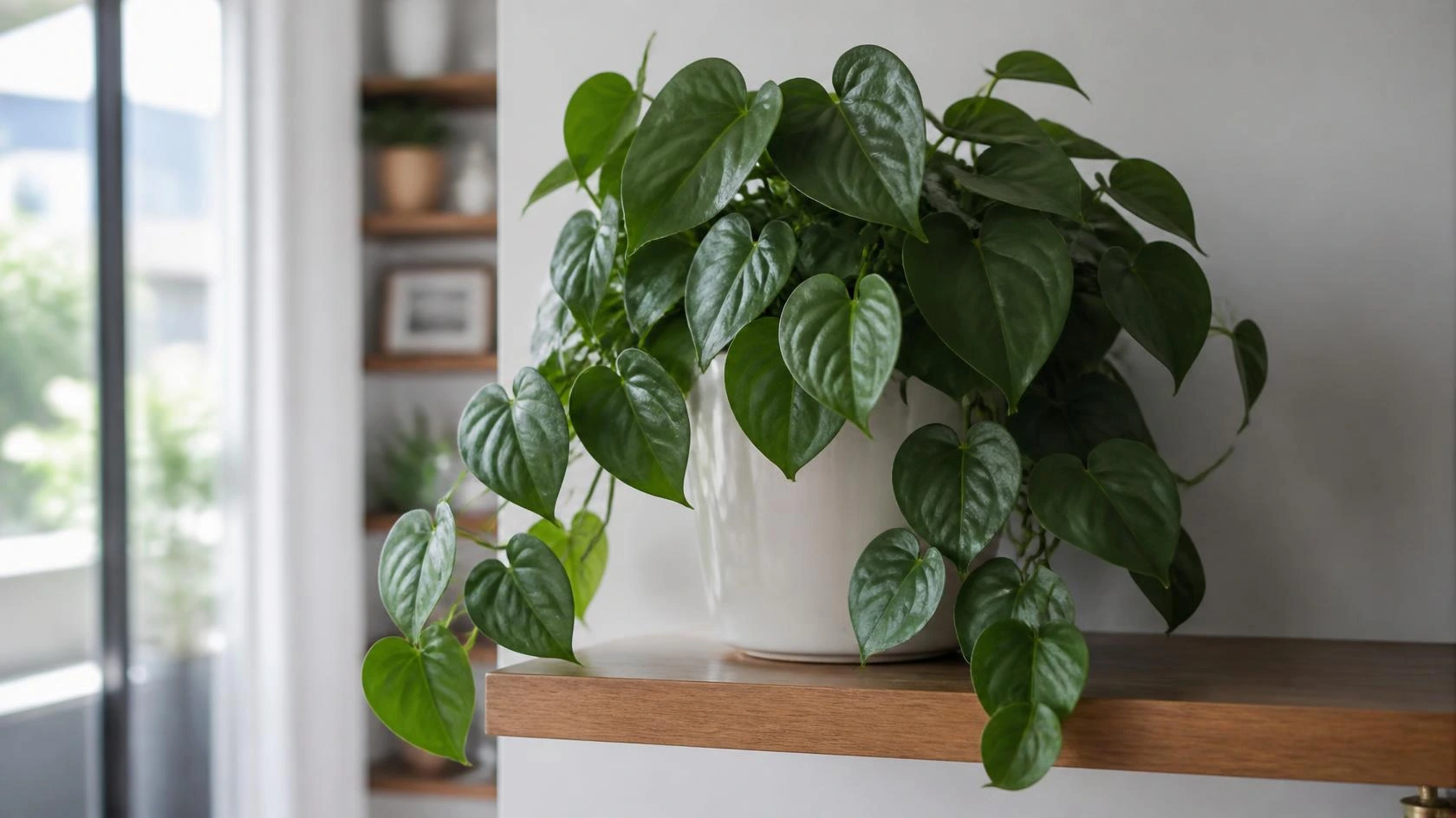 Heartleaf philodendron care indoors: trailing vines in a ceramic pot