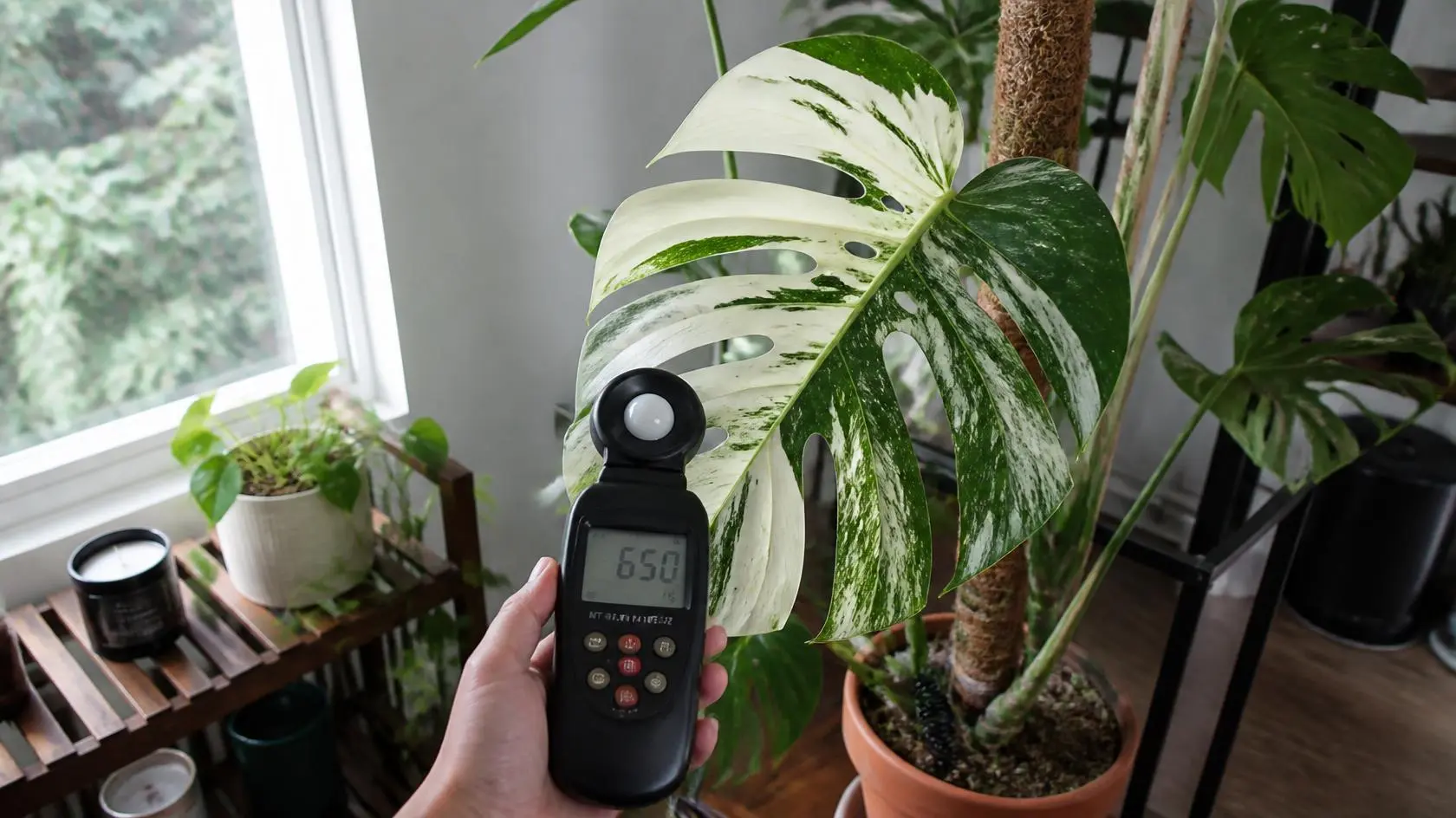 Monstera Albo care guide showing variegated white and green split leaf with grow light and moss pole