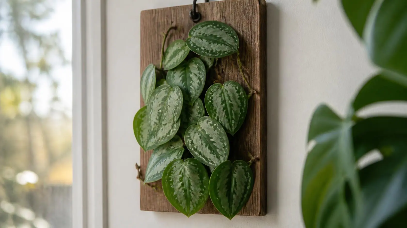 Monstera dubia care guide showing silver shingling leaves climbing a cedar plank