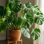 Monstera symbolism meaning represented by a healthy fenestrated Monstera deliciosa in a bright home interior