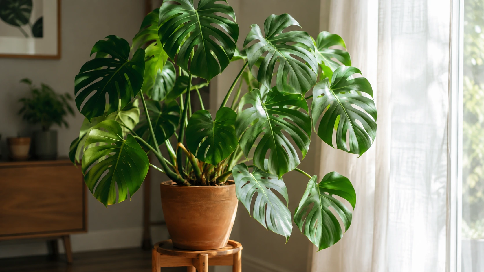 Monstera symbolism meaning represented by a healthy fenestrated Monstera deliciosa in a bright home interior